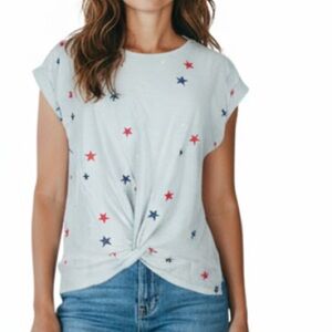 NWT LUCKY BRAND Short Sleeve Twist Front Star Embroidered Top Size Medium